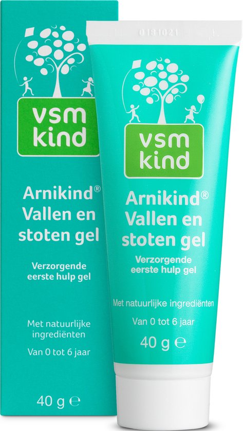 Tube en doosje VSM Kind Arnikind Vallen en stoten gel, verzorgende eerste hulp gel met natuurlijke ingrediënten, van 0 tot 6 jaar, 40g.