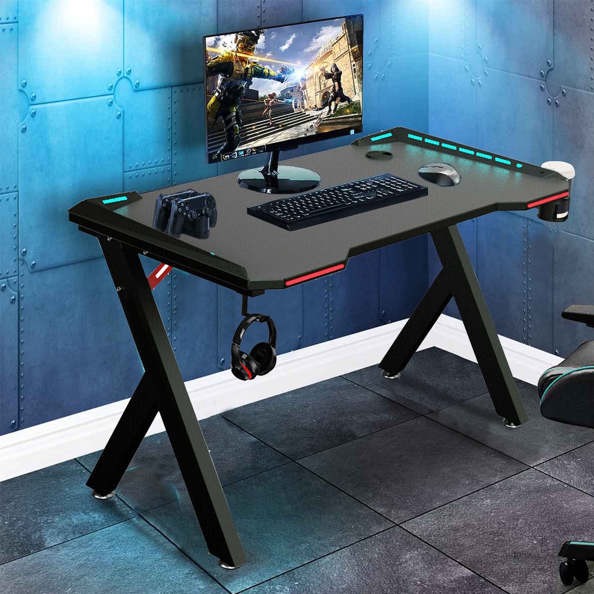 Excape Bureau - Ergonomische Gaming Desk - Bureau Met RGB-LED Verlichting - Zwart - Carbon Look - 100x60x74cm