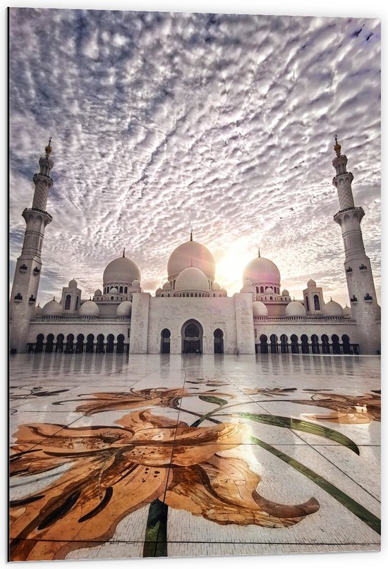 WallClassics - Dibond - Moskee in Abu Dhabi - Sjeik Zayed Moskee - 60x90 cm Foto op Aluminium (Wanddecoratie van metaal)