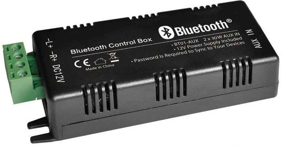 Zwarte Bluetooth controlebox met groene aansluitklemmen en "12V Power Supply Included".