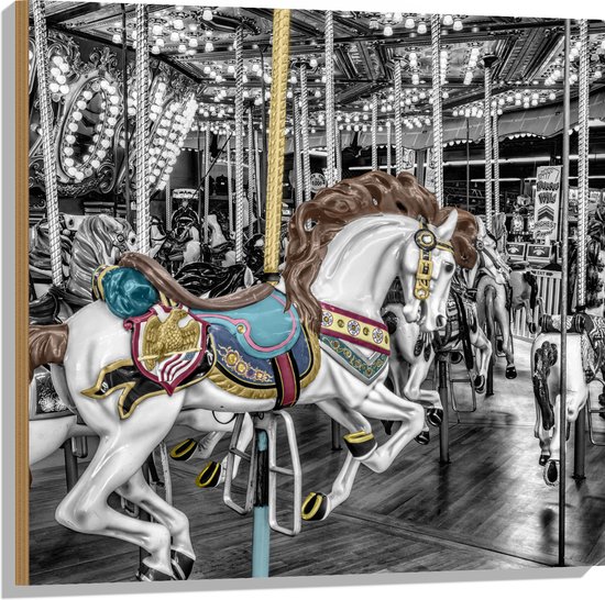Hout - Sierlijk Paard in Carrousel - 80x80 cm - 9 mm dik - Foto op Hout (Met Ophangsysteem)