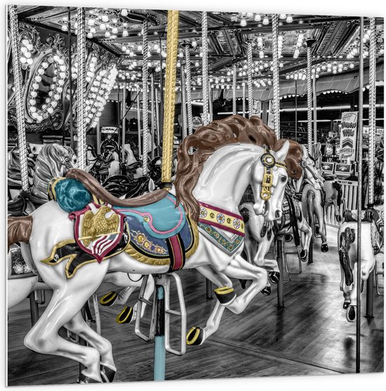 PVC Schuimplaat - Sierlijk Paard in Carrousel - 100x100 cm Foto op PVC Schuimplaat (Met Ophangsysteem)
