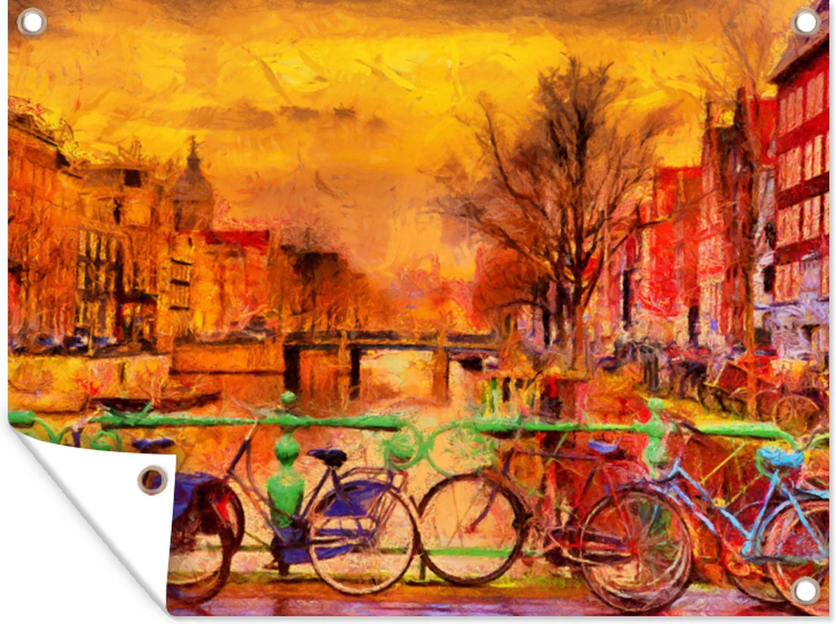 Tuinposter Schilderij Fiets Amsterdam Gracht Olieverf 170x120