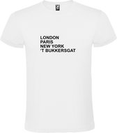 wit T-Shirt met London,Paris, New York , ’t Bukkersgat tekst Zwart Size XL