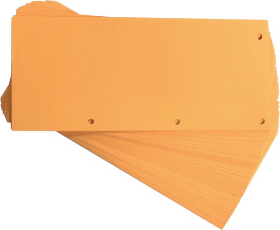 Een stapel oranje scheidingsstroken met drie geperforeerde gaten aan de bovenrand.