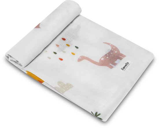 Een witte hydrofiele doek met een roze dinosaurus en stippen.