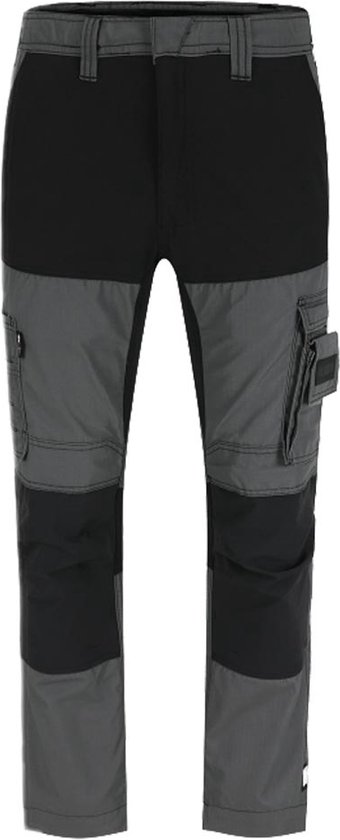 Pantalon de travail gris foncé et noir avec poches plaquées.