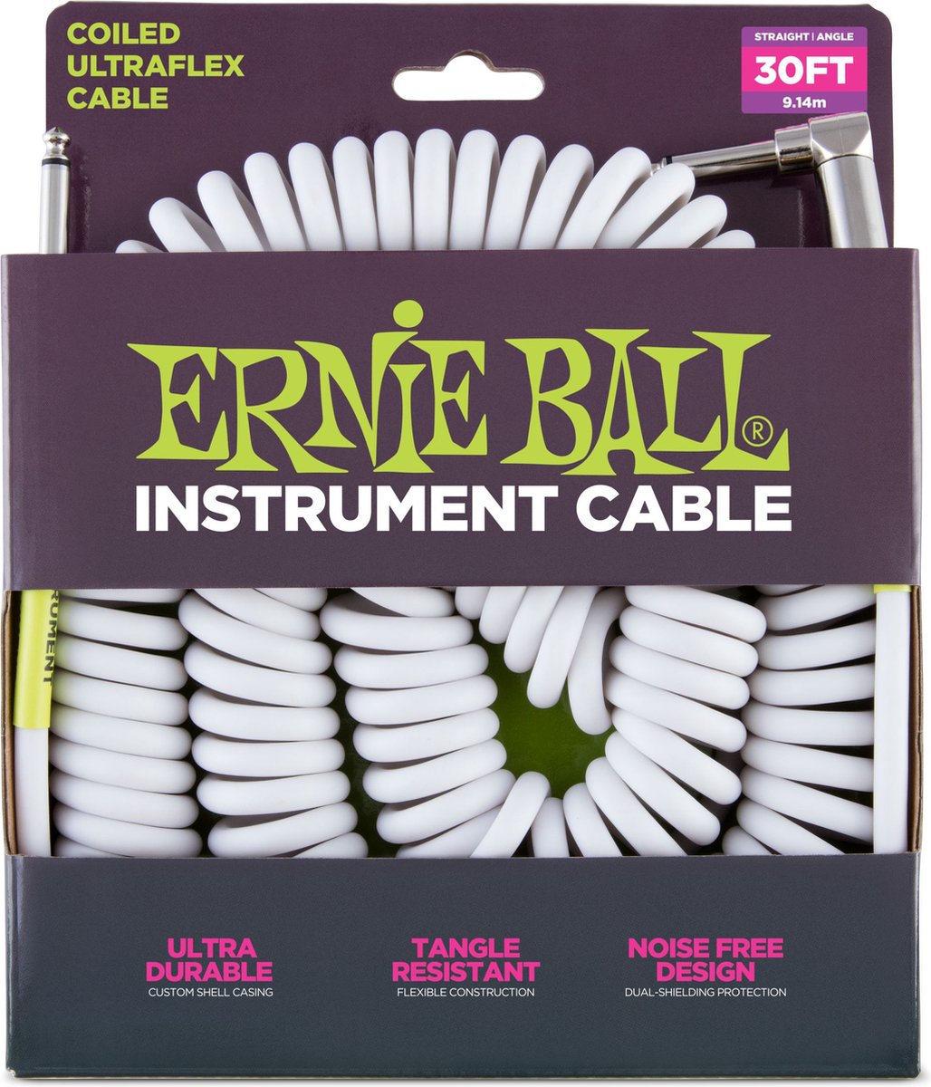 Ernie Ball 6045 gekrulde instrumentkabel 9 m wit