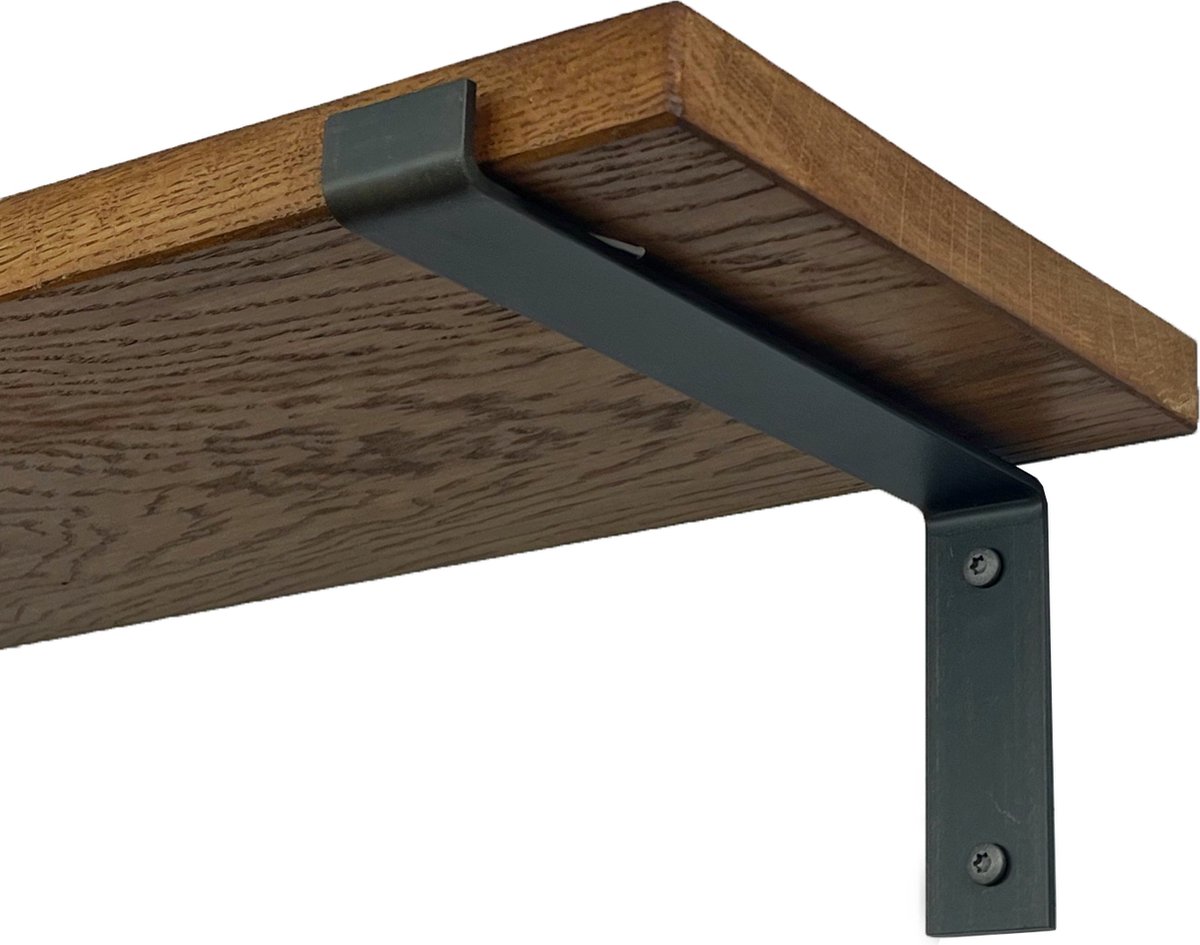 GoudmetHout Wandplank Industrieel - 40 x 25 cm Muurplank - Donker Eiken Hout - Decoratie Wandrek & Boekenrek - Hangplank Keuken - Wall Shelf + 2 Mat Blanke Plankdragers van Staal Donker eiken - Mat Blank 25 cm