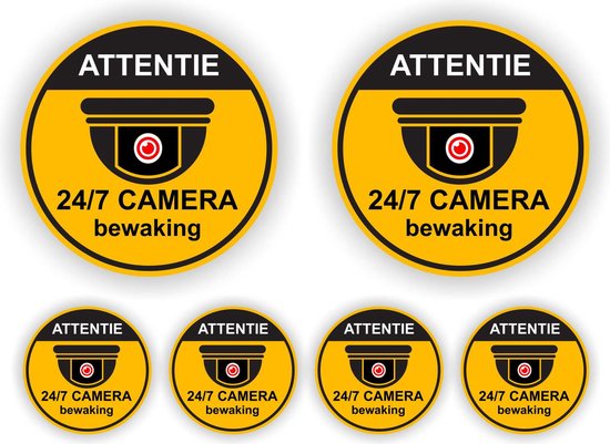 Attentie camera bewaking sticker set van 6 stuks, duidelijk herkenbare stickers.