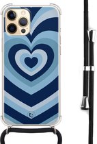 Hoesje met koord geschikt voor iPhone 12 Pro Max - Hart blauw - Inclusief zwart koord - Crossbody beschermhoes - Transparant, Blauw - ELLECHIQ