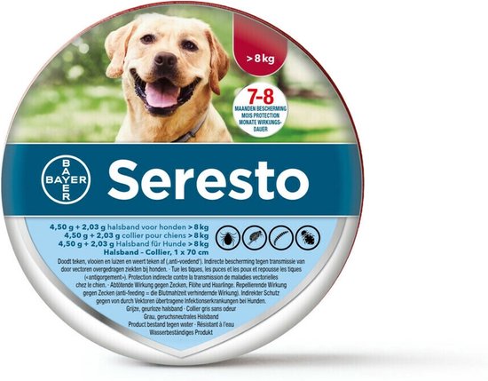 Seresto halsband voor honden > 8 kg, 7-8 maanden bescherming tegen teken en vlooien. Grijze, geurloze, waterbestendige band.