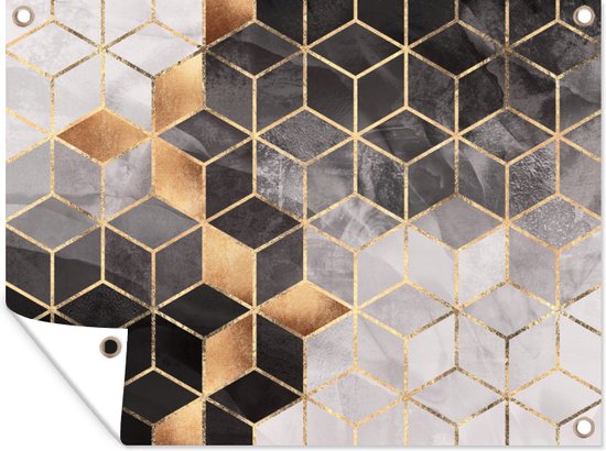 Tableau jardin Abstrait - Cube - Goud - Motifs - Zwart - Wit - 80x60 cm - Affiche jardin - Toile jardin - Affiche extérieur
