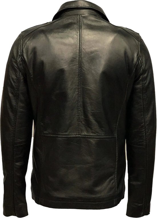 Zwarte leren herenjas, achterkant zichtbaar. Glanzend materiaal met naden. Model Albert.