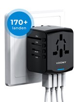 Voomy Universele Wereldstekker - 170+ Landen - 4 USB Poorten - Reisstekker Wereld - Zwart