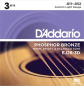 D'Addario EJ26-3D fosfor bronzen snaren voor akoestische gitaar .011 - .052 Custom Light (3-pack) economy pack