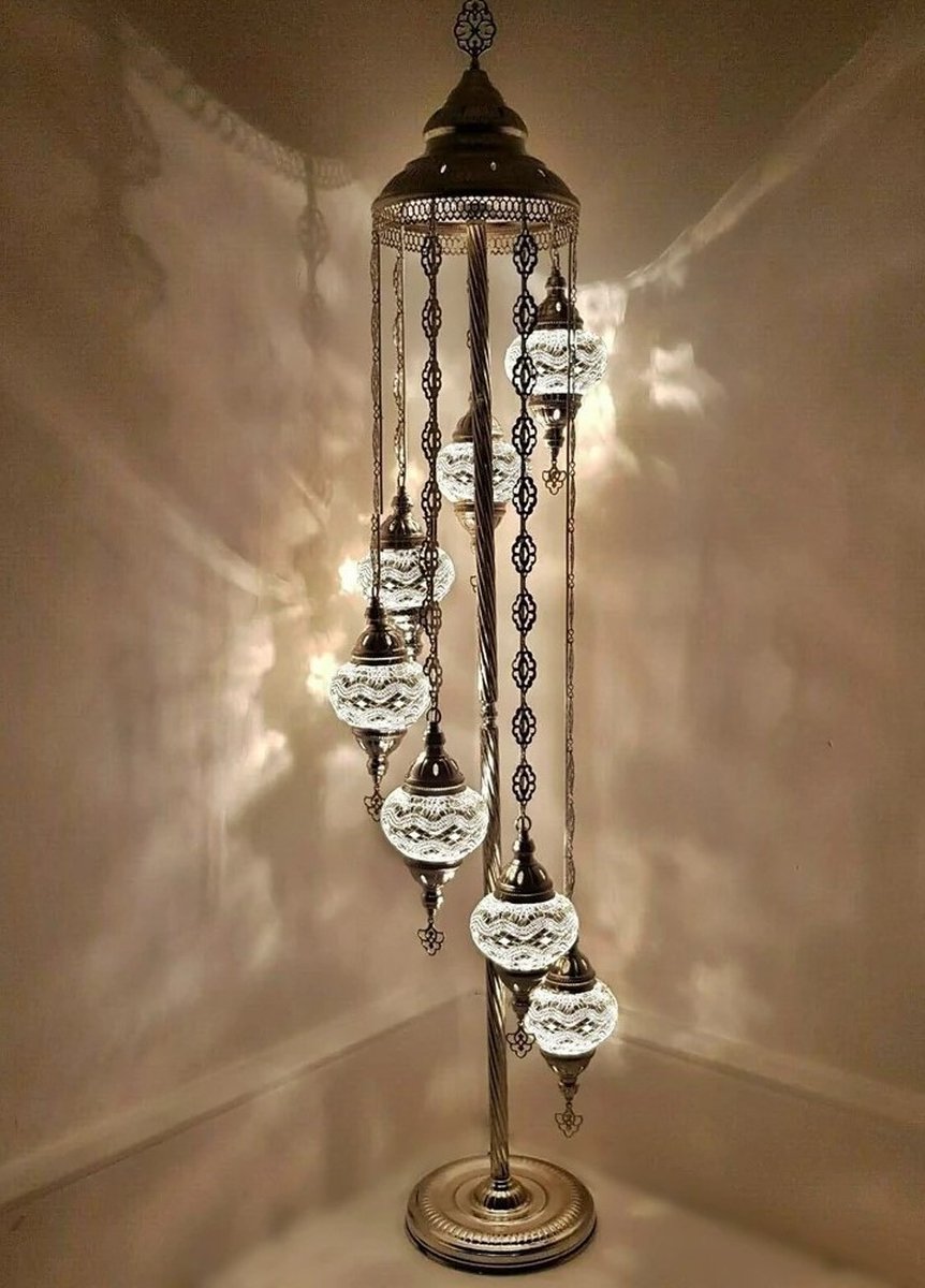 Turkse Lamp - Vloerlamp - Mozaïek Lamp - Marokkaanse Lamp - Oosters Lamp - ZENIQUE - Authentiek - Handgemaakt - Wit - 7 bollen