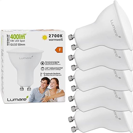 Lumare GU10 LED Spot 5W | Set van 5 | Niet-dimbaar | Spaarlamp vervangt 35W | 400 Lumen | 2700K Warm wit vervangingslamp [Energieklasse F].