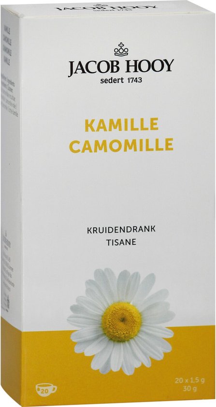 Doos Jacob Hooy Kamille kruidendrank met kamillebloem.