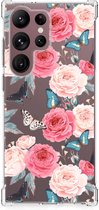Telefoonhoesje Samsung Galaxy S23 Ultra Silicone Case met transparante rand Butterfly Roses