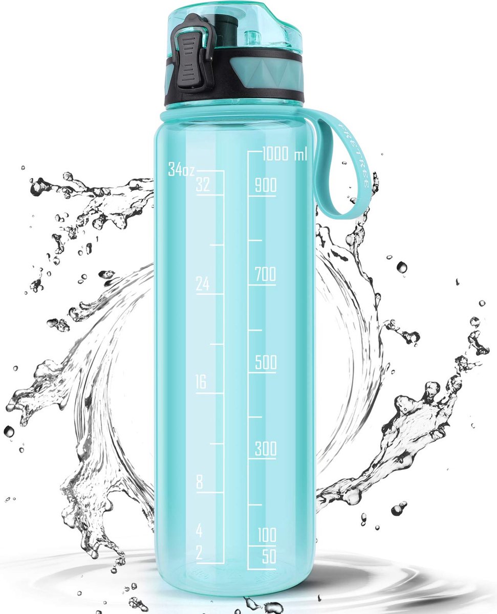 Fretree Sportwaterfles - Clear green - 1L lekvrije design waterfles - BPA-vrije Tritan plastic drinkfles voor kinderen en volwassenen - sport, wandelen, fitnessruimte, outdoor, fietsen, school en kantoor