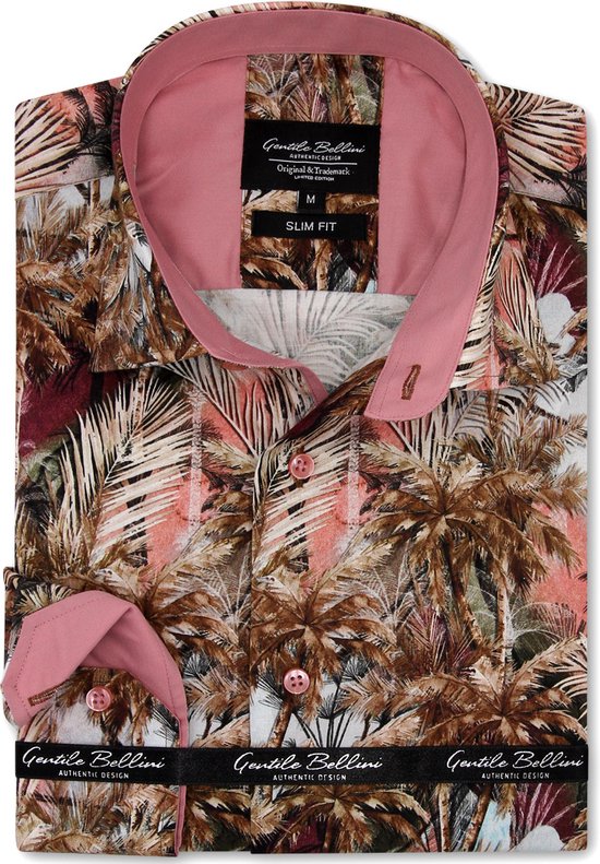 Heren Overhemd - Slim Fit - Hawai Tropical - Bruin - Maat XL