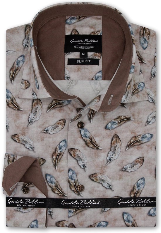Heren Overhemd - Slim Fit - Trendy Print - Bruin - Maat S