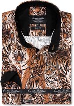 Heren Overhemd - Slim Fit - Tiger Art Prints - Bruin - Maat 3XL