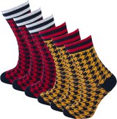 6 Paar meisjes sokken - Pied de poule motief - Rood/Oker - Maat 35-38