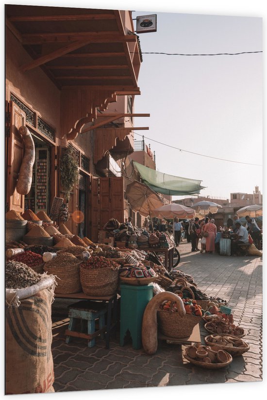 WallClassics - Dibond - Markt in Marrakesh - Marokko - 100x150 cm Foto op Aluminium (Met Ophangsysteem)