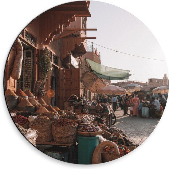 WallClassics - Dibond Muurcirkel - Markt in Marrakesh - Marokko - 30x30 cm Foto op Aluminium Muurcirkel (met ophangsysteem)