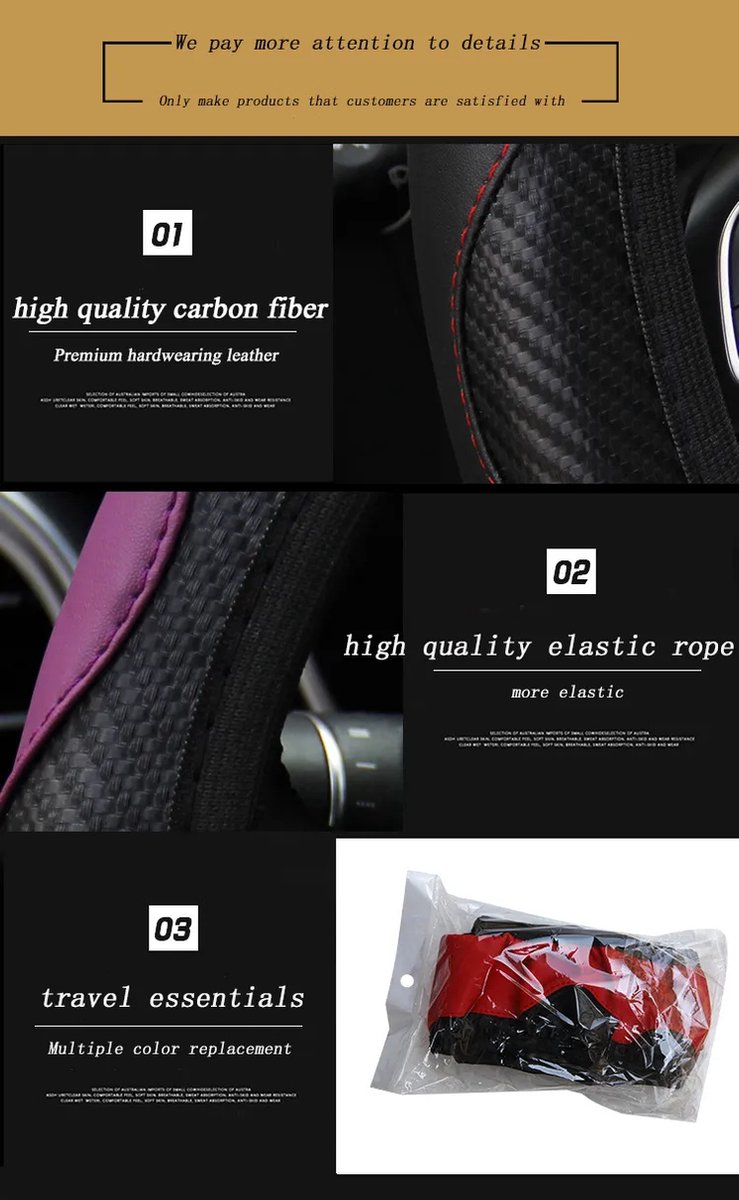 Auto Stuurhoes Ademende Anti Slip Pu Lederen Steering Covers Geschikt 37-38Cm Auto Decoratie Koolstofvezel – foto 2