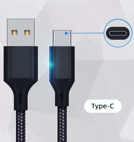BrightNerd - USB-C Data- en Laadkabel - 3.0A Snellader Kabel - 1 Meter - Fast en Quick Charge Oplaadkabel - Type C Naar USB-A - Oplaadsnoer Telefoon - Laptop - Gevlochten Nylon - Zwart