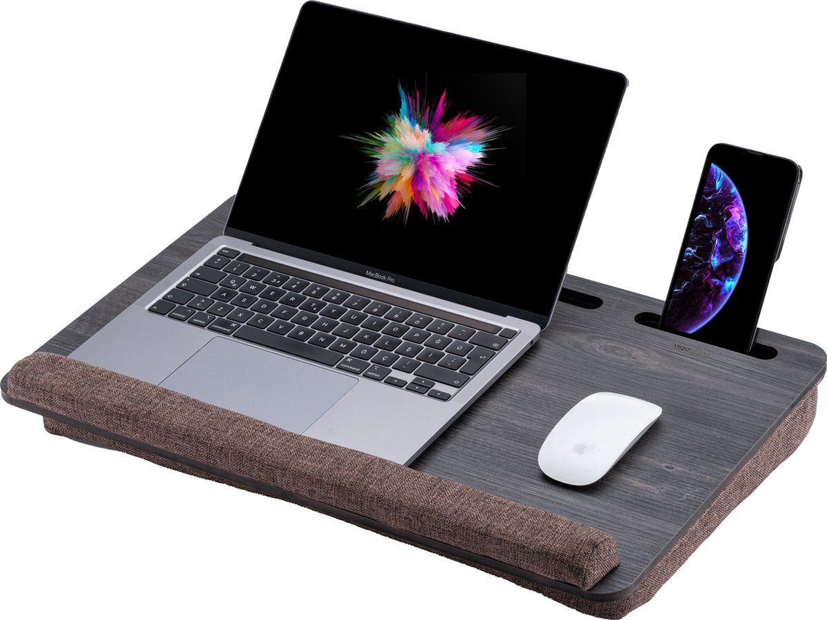 Support pour PC portable tablette table de lit coussin gris brun