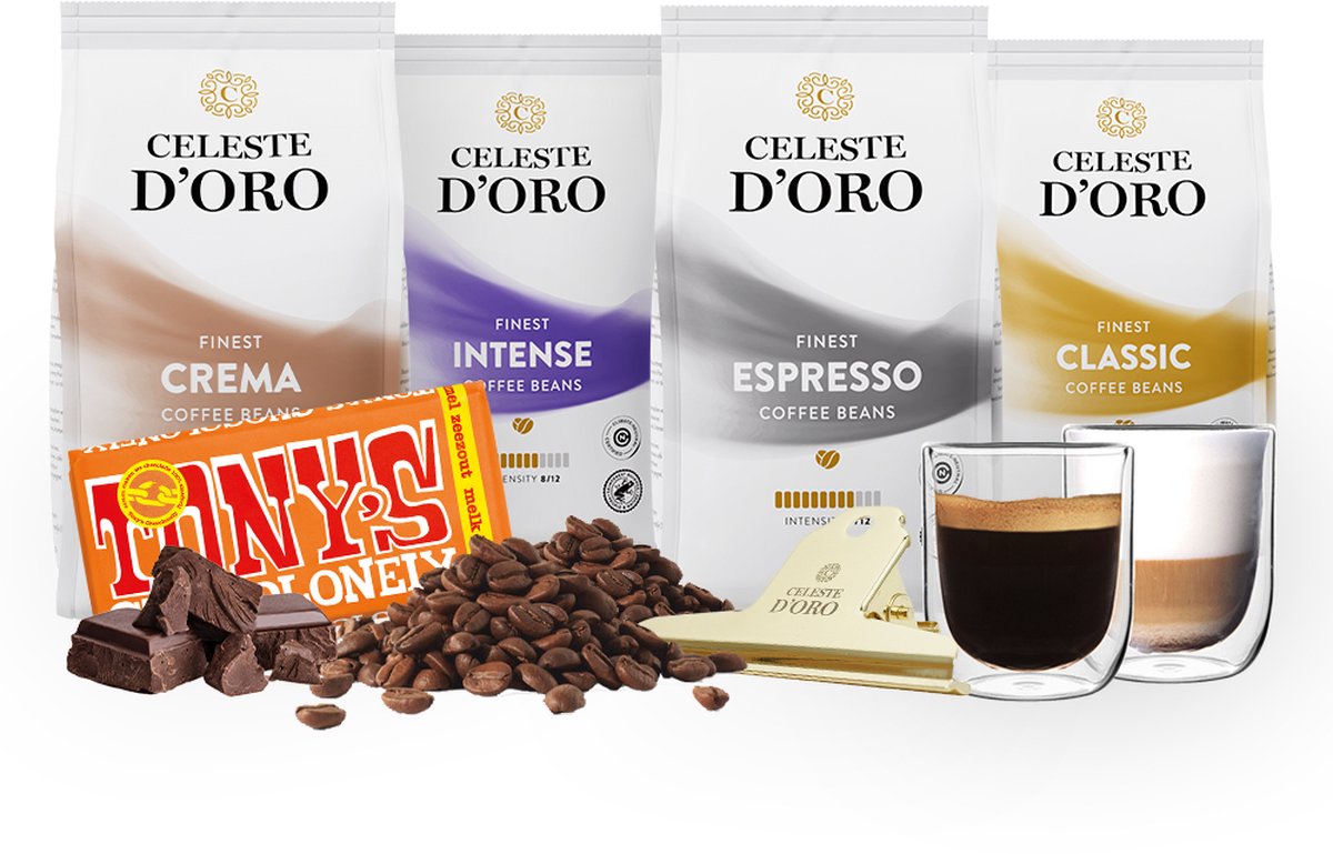 Celeste d’Oro - Koffiebonen Proefpakket - Koffie Cadeaupakket - 4 soorten Koffie, Chocolade, Gouden Clip en Glazen (260 ml) – 4 x 250g