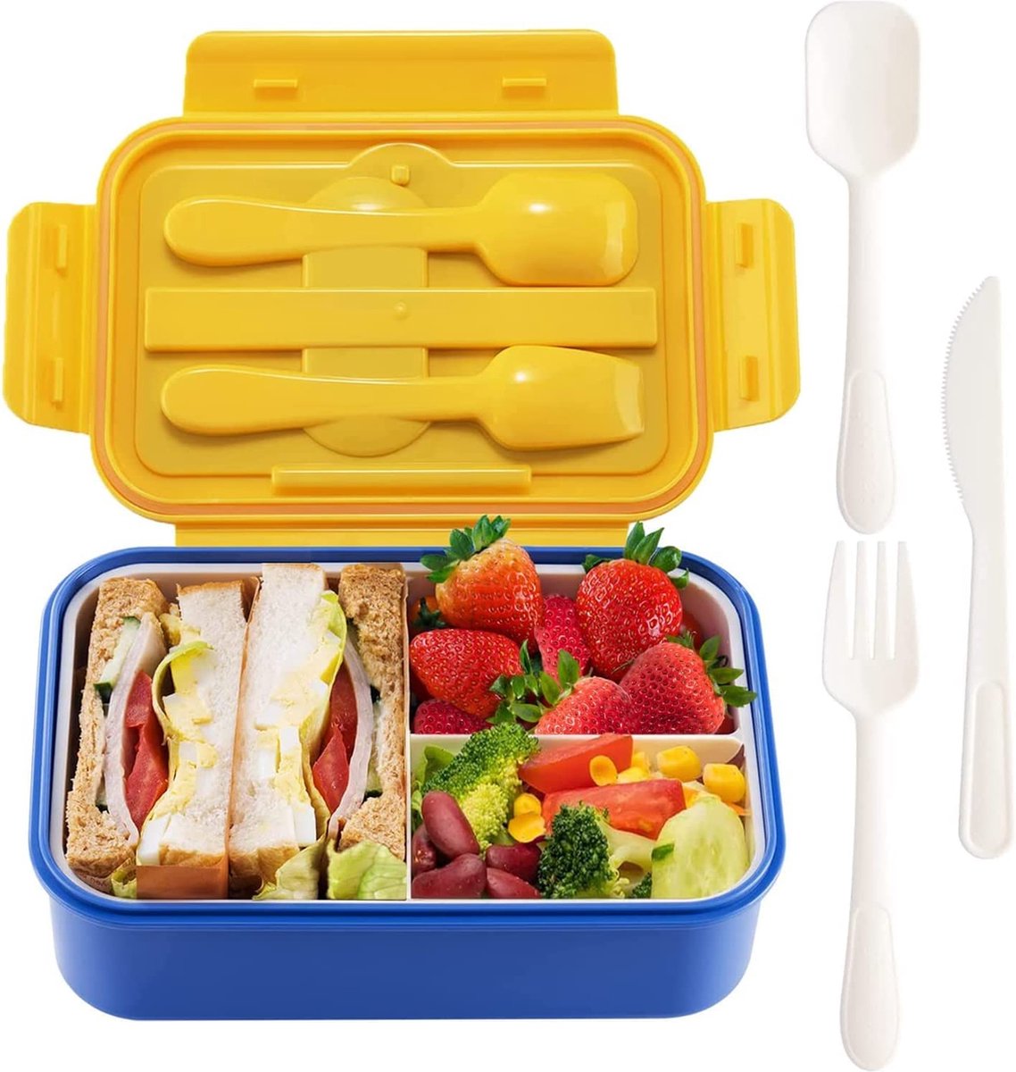 TOPSAL Lunchbox voor volwassenen/kinderen met onderverdeling, BPA-vrije bento box voor school / kantoor / picknick reizen, pak voor magnetron verwarming en vaatwasser (blauw)