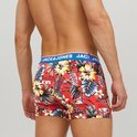 Koraalrode boxershorts met tropische print van bloemen en bladeren. Blauwe band met 'JACK & JONES' logo, gezien vanaf de achterkant.