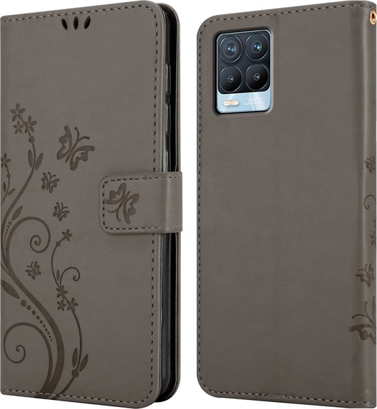 Étui Cadorabo pour Realme 8 4G / 8 PRO en GRIS FLORAL - Housse de protection à motif floral avec fermeture magnétique, fonction support et fentes pour cartes Book Case Cover Etui