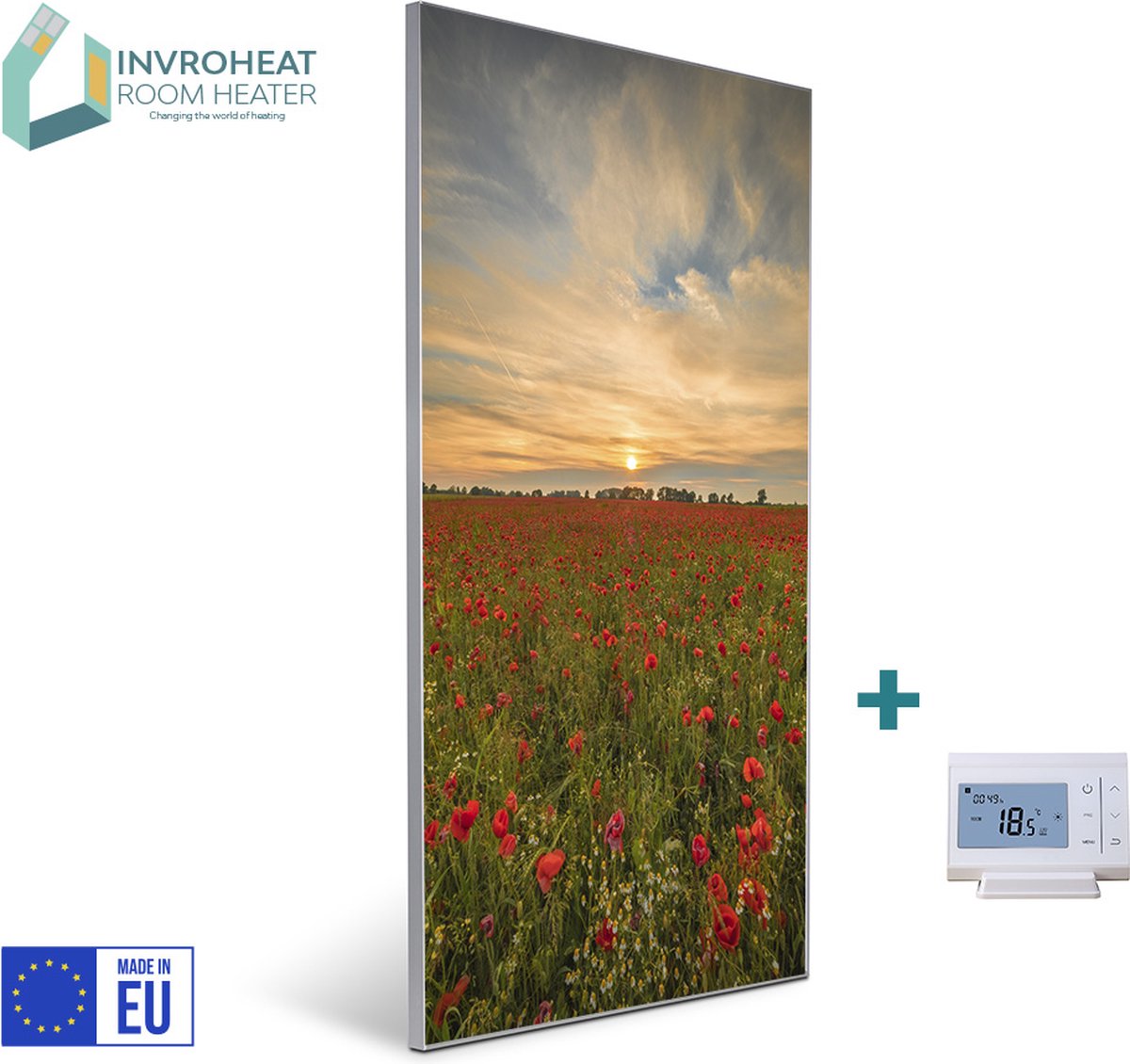 Invroheat infrarood paneel Zonsopkomst klaprozenveld - 800Watt - 61x91.5cm - 16 m2 - afbeelding verwisselbaar - met display thermostaat - duurzaam en energiezuinig