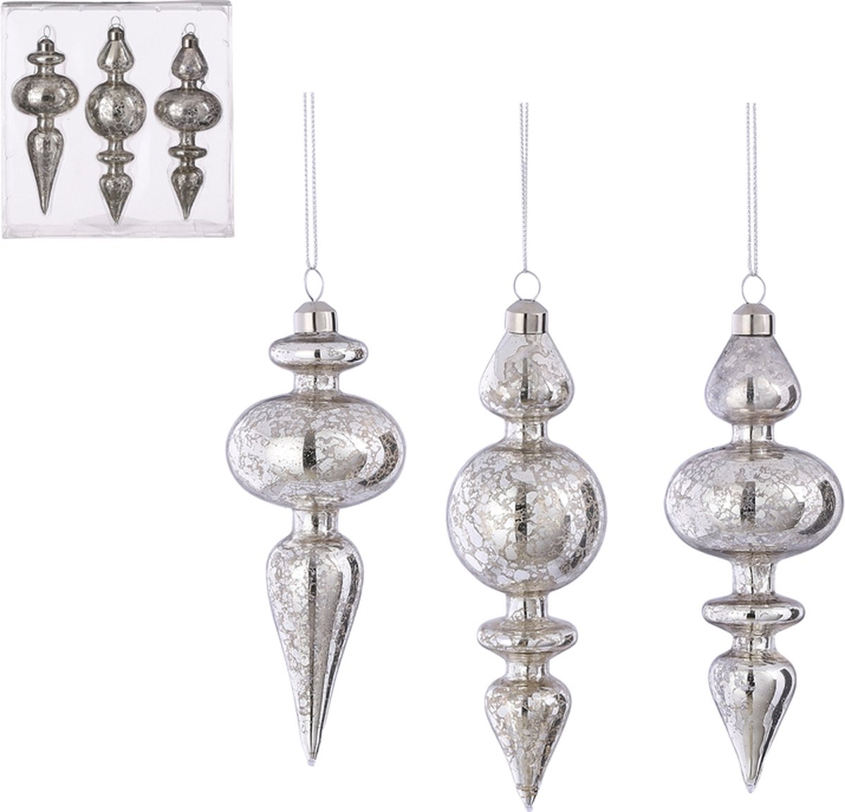 Overige Kerstballen - Ornament Druppel Glas Zilver Antiek 3 Stuks - H17xd6,5cm