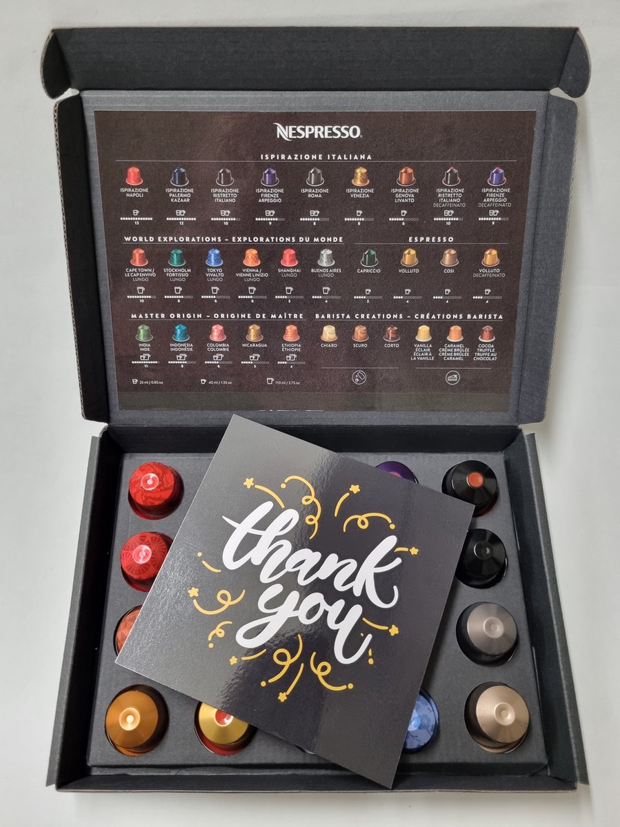 Goedkoopste Koffie Proeverij Pakket 20 stuks verschillende smaken met Mystery Card 'Thank You' met persoonlijke (video) boodschap | Verjaardag | Sinterklaas | Kerstpakket | Vaderdag | Moederdag | Jubileum | Valentijnsdag