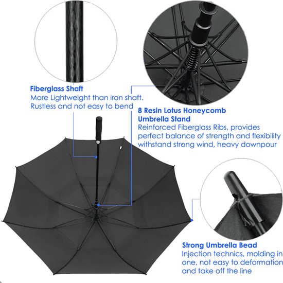 Beefree paraplu XL - 100% glasvezel frame - windproof - zwart Ø 125cm - Beefree