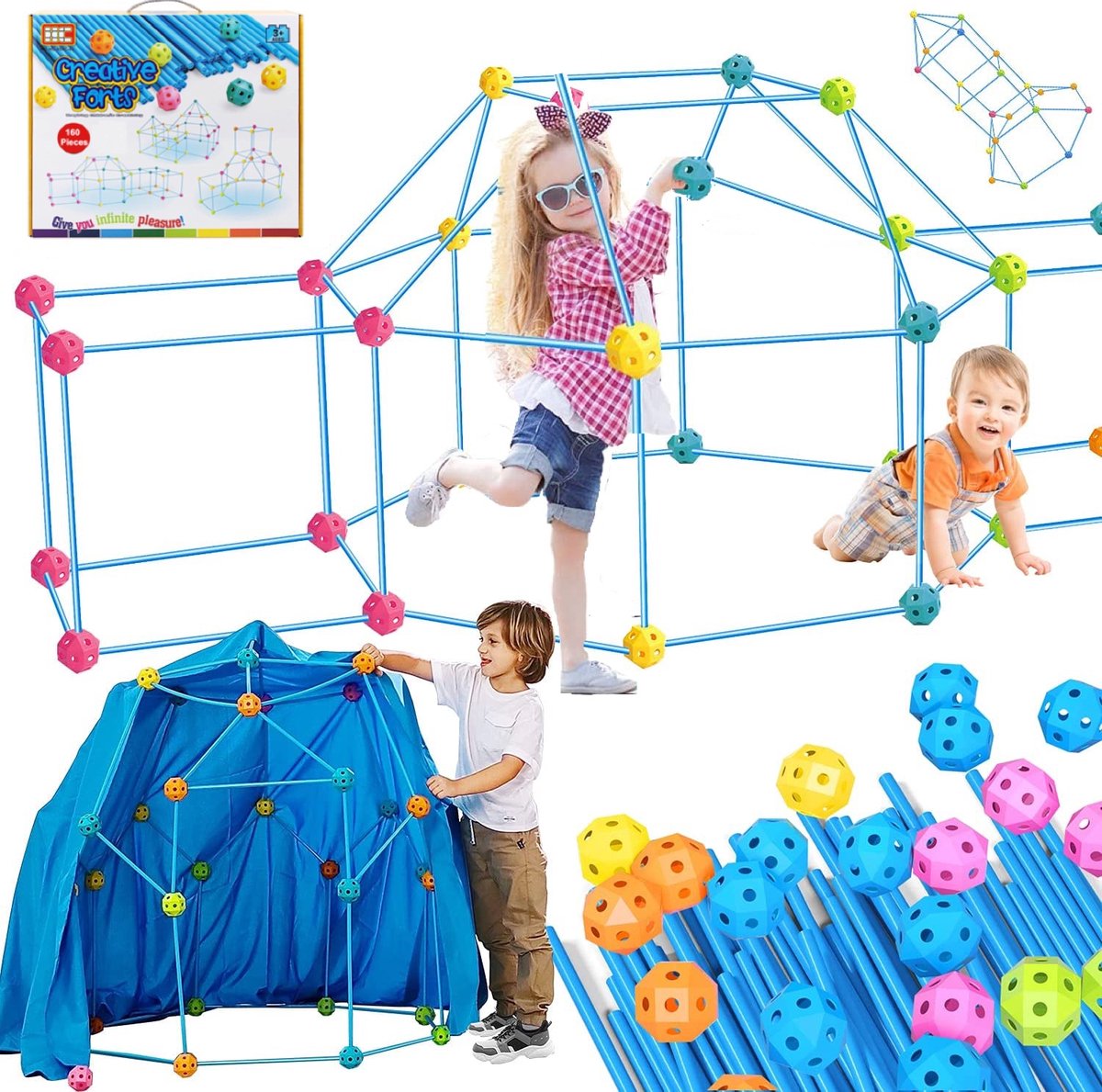 Tente pour enfants , kit de construction de cabane pour enfants fort  bricolage, jouet pour tente tunnel de château, intérieur extérieur (balle  45 bâton 75 avec tente)