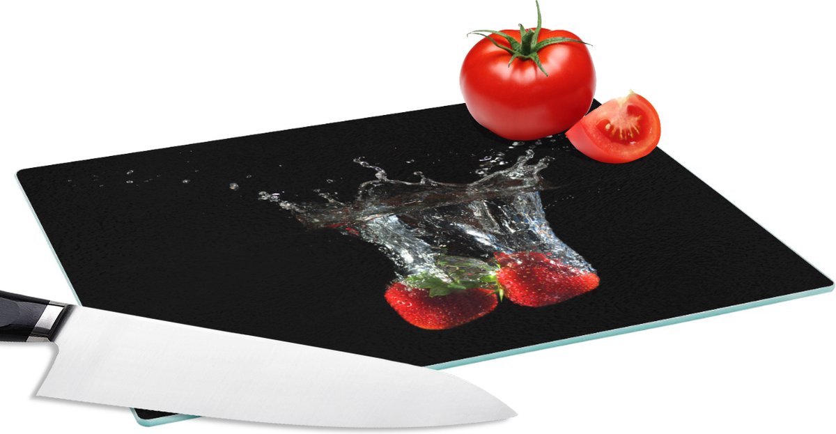 Glazen Snijplank - 28x20 - Aardbeien - Fruit - Water - Zwart - Rood - Snijplanken Glas