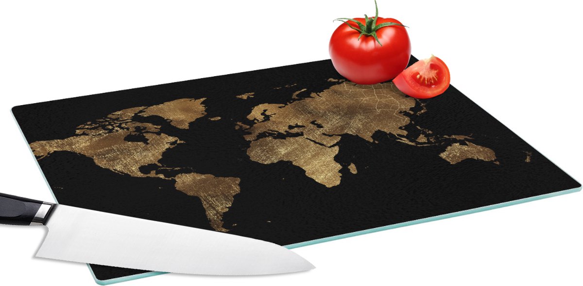 Glazen Snijplank - 39x28 - Wereldkaart - Goud - Luxe - Aarde - Zwart - Snijplanken Glas