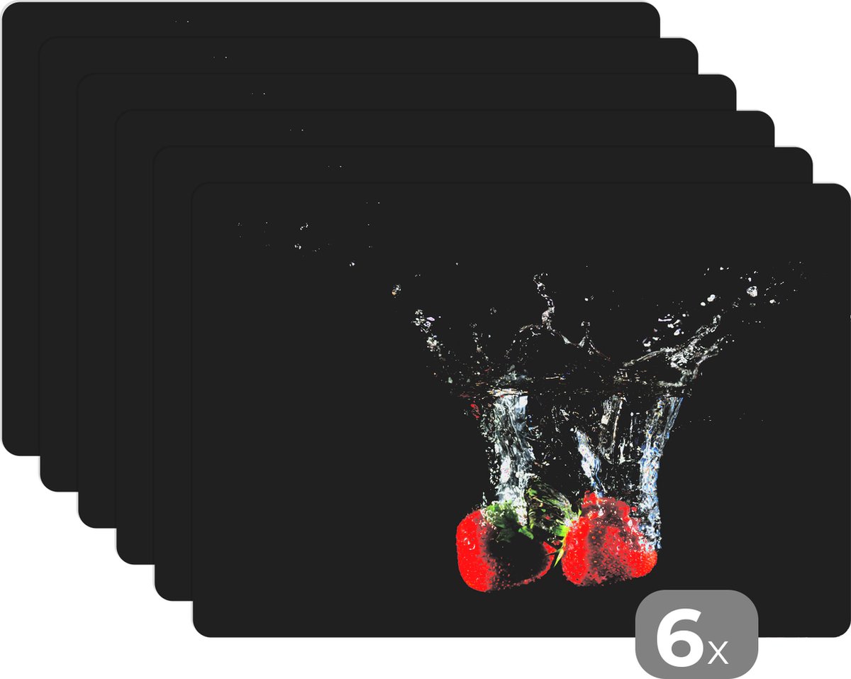 Placemat - Placemats kunststof - Aardbeien - Fruit - Water - Zwart - Rood - 45x30 cm - 6 stuks - Hittebestendig - Anti-Slip - Onderlegger - Afneembaar
