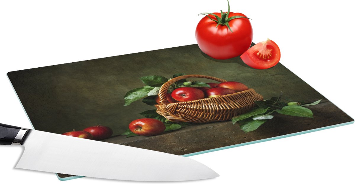 Glazen Snijplank - 28x20 - Rustiek - Appel - Fruit - Rood - Mand - Stilleven - Snijplanken Glas