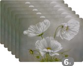 Placemat - Placemats kunststof - Bloemen - Stilleven - Klaproos - Wit - Botanisch - 45x30 cm - 6 stuks - Hittebestendig - Anti-Slip - Onderlegger - Afneembaar