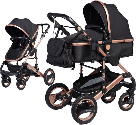 Foto: Bronea exquise luxe multi functionele kinderwagen 3 in 1 zwart champagne incl matras buggy autostoel luiertas regenhoes voetenwarmer muggen net zonneklep