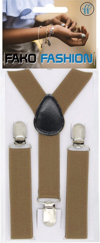 Khaki kinderbretels verpakt in plastic, met zilverkleurige clips en een zwarte lederen Y-vormige verbinding.